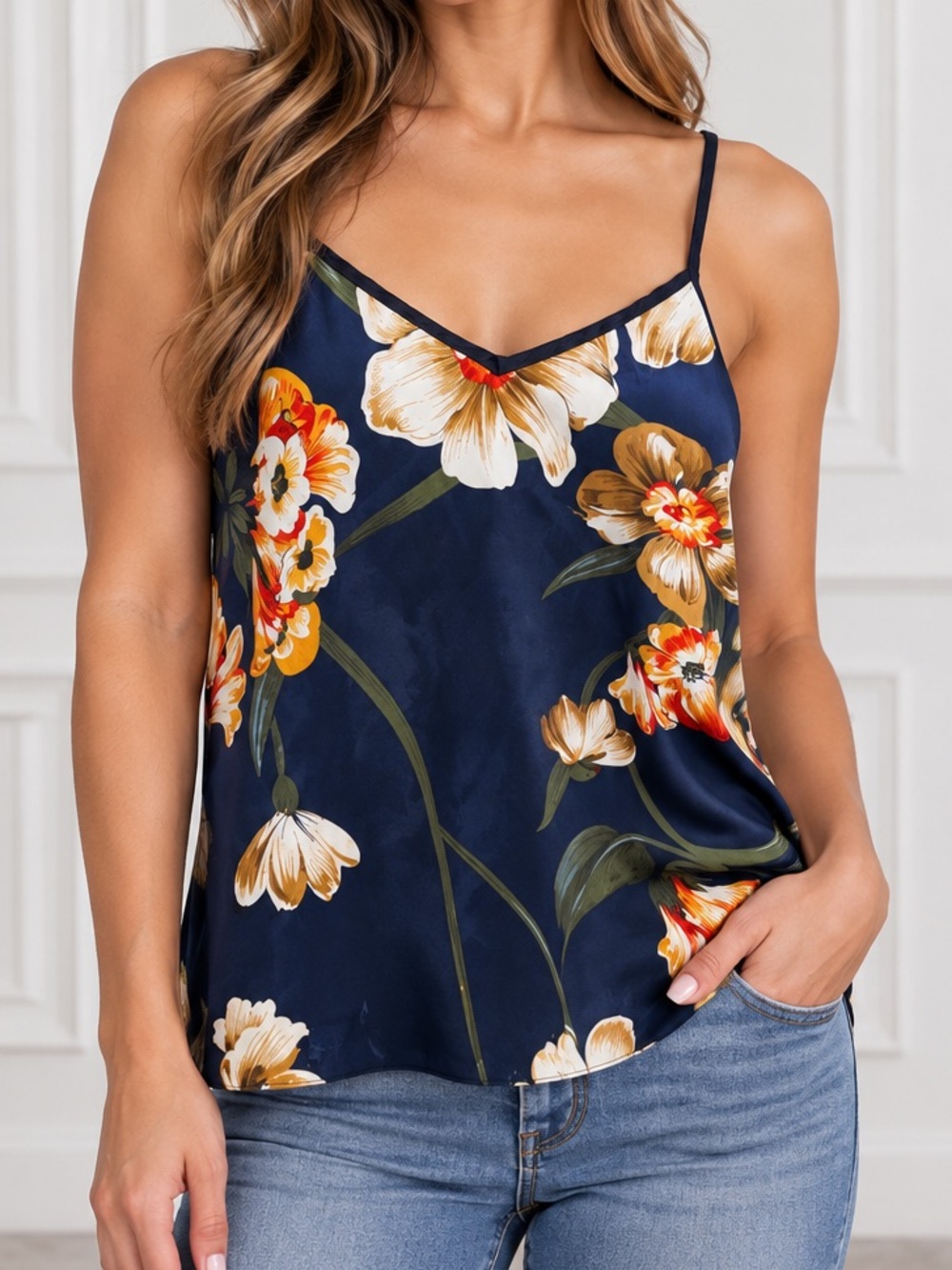 Floral Satin Cami Top - Navy with Multi Floral
